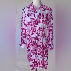 Zara Women’s Pink & White Floral Print Shirt Dress Belted Long Sleeves Size XL